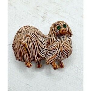 Gerry's Pekingese Dog Pin Enamel Brooch Pin Brown  Green Rhinestone Eyes Kitschy